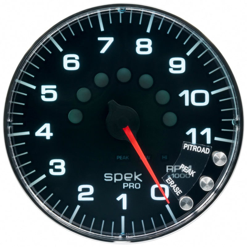 Autometer Spek-Pro Gauge Tachometer 5in 11K Rpm W/Shift Light & Peak Mem Black/Chrome Gauges AutoMeter