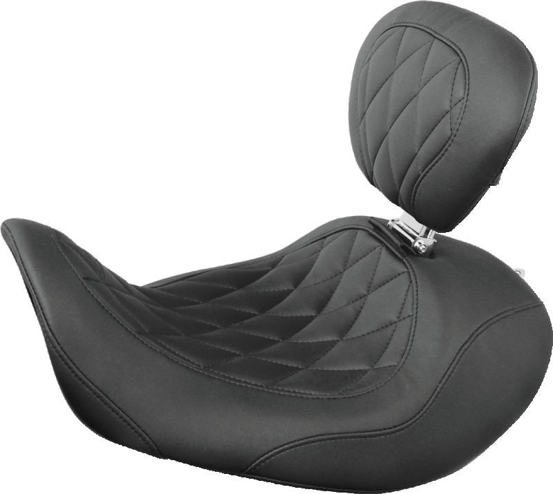 Mustang 06-17 Harley Dyna Wide Tripper Forward Solo Seat w/Driver Backrest Diamond Stitch - Black Solo Motorcycle Seats Mustang Motorcycle