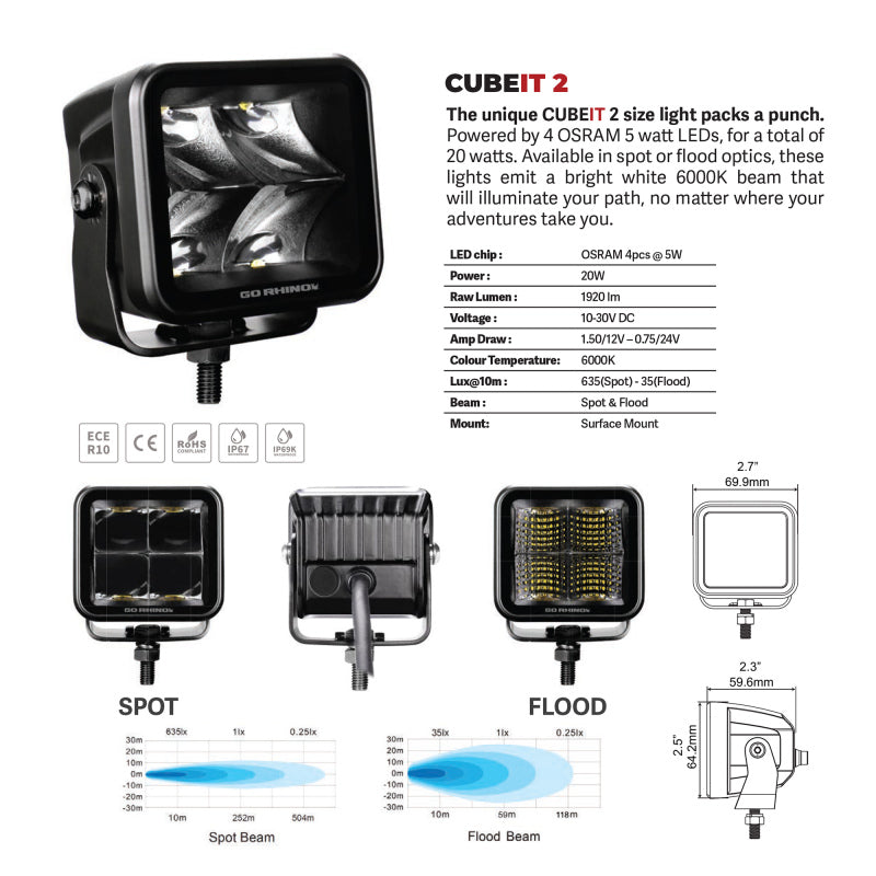 Go Rhino Xplor Blackout Series Cube LED Flood Light Kit (Surface/Threaded Stud Mnt) 2x2 - Blk (Pair) Light Bars & Cubes Go Rhino
