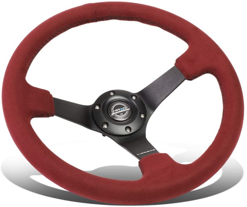 NRG Reinforced Steering Wheel (350mm/ 3in. Deep) Black Spoke/ Burgundy Alcantara w/ Black Stitch Steering Wheels NRG