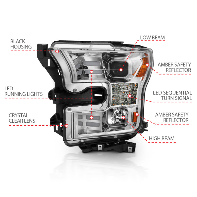 ANZO 15-17 Ford F-150 Proj Headlights w/ Plank Style Design Chrome w/ Amber Sequential Turn Signal Headlights ANZO