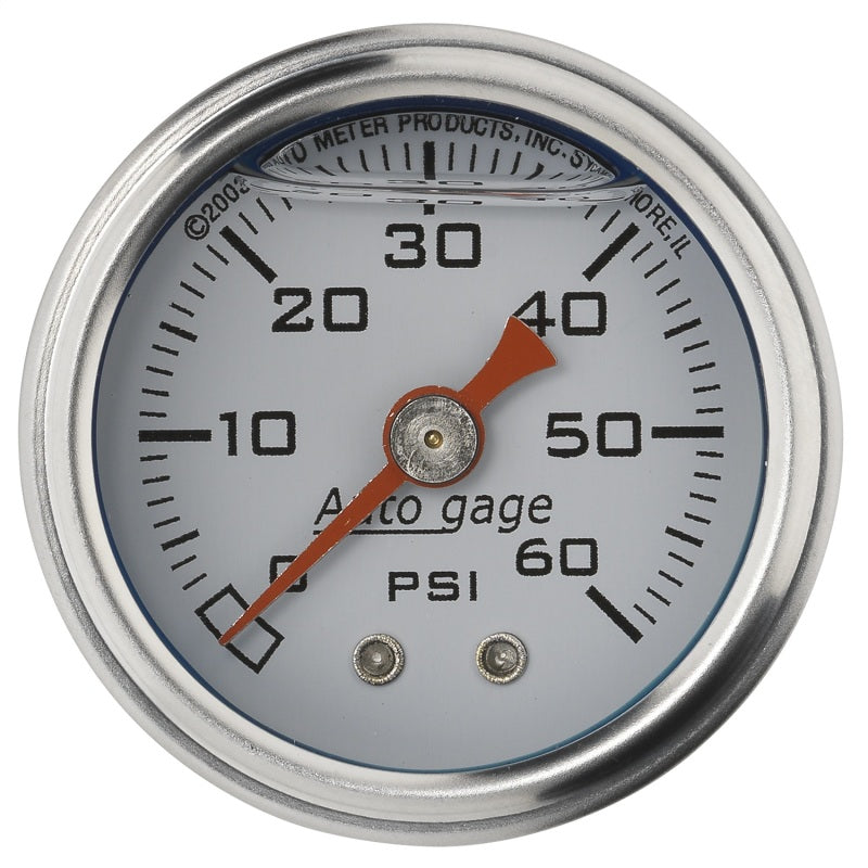 Autometer AutoGage 1.5in Liquid Filled Mechanical 0-60 PSI Fuel Pressure Gauge - White Gauges AutoMeter
