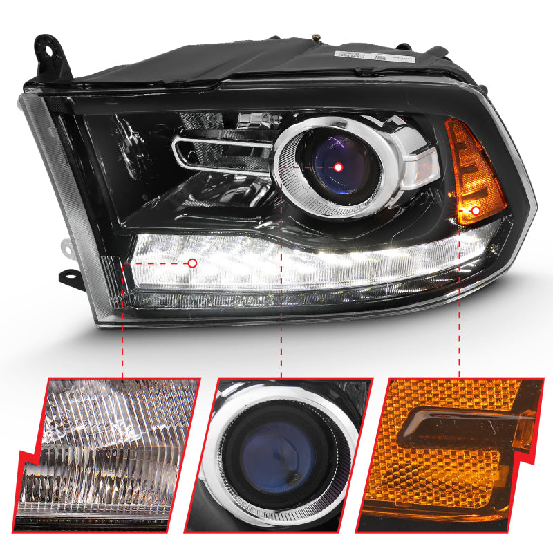 ANZO 2009-2018 Dodge Ram 1500 Projector Plank Style Switchback H.L Halo Black Amber (OE Style) Headlights ANZO