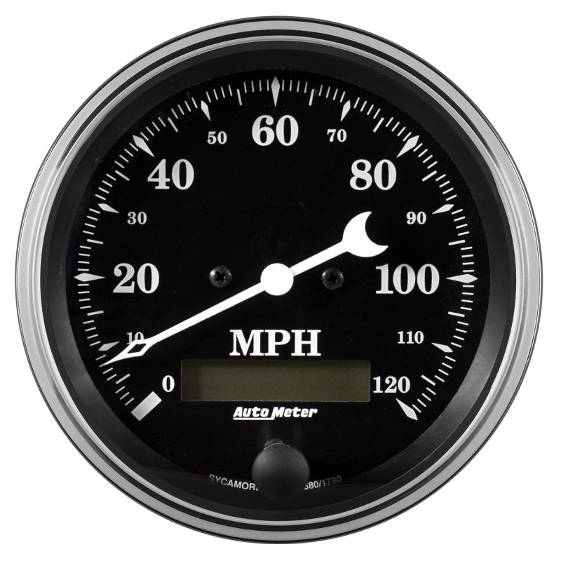 Auto Meter Gauge Speedo. 3 3/8in 120mph Elec. Prog. w/ LCD Odo Old Tyme Black Gauges AutoMeter
