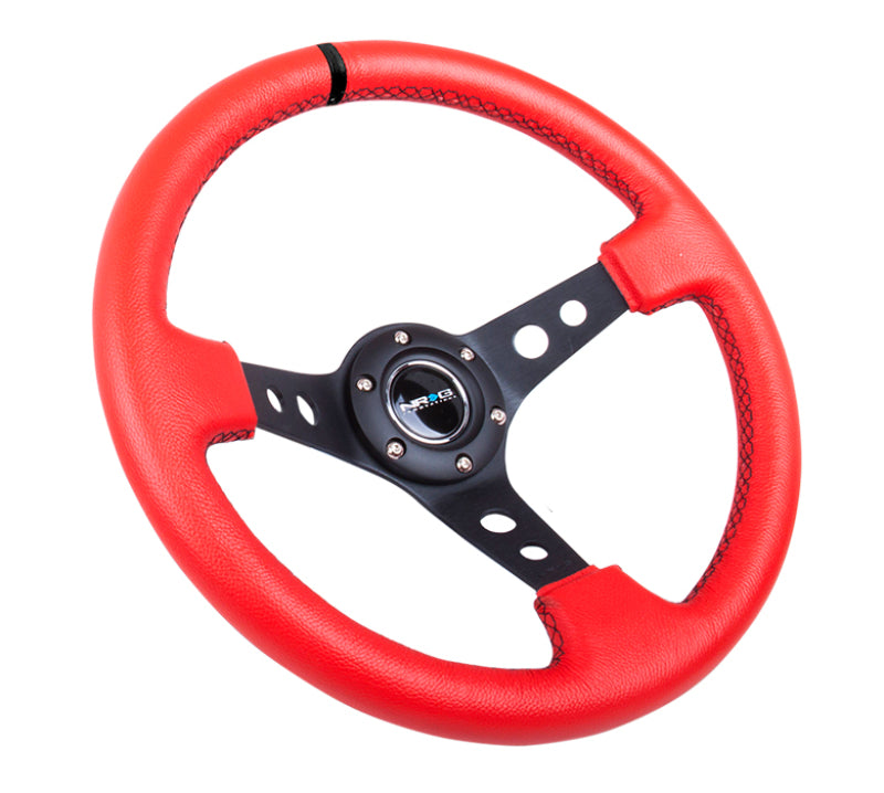 NRG Reinforced Steering Wheel (350mm / 3in. Deep) Red Suede w/Blk Circle Cutout Spokes Steering Wheels NRG