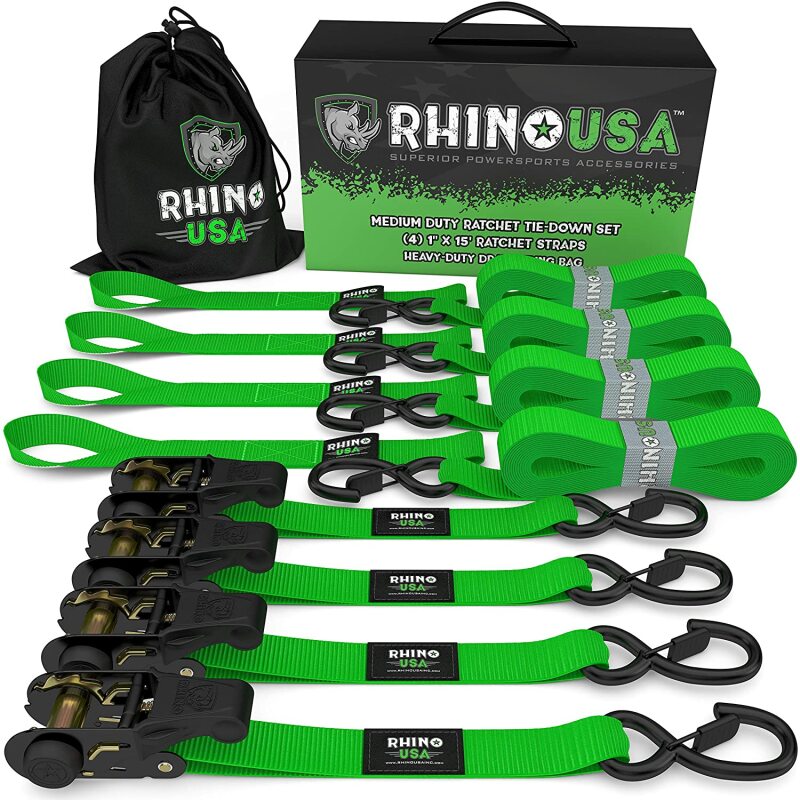 Rhino USA Medium Duty Ratchet Strap Tie-Down 4-Pack (Green) Cargo Tie-Downs Rhino USA