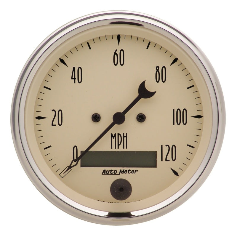 AutoMeter Gauge Speedo. 3-3/8in. 120MPH Elec. Prog. W/ Lcd Odo Antq Beige Gauges AutoMeter