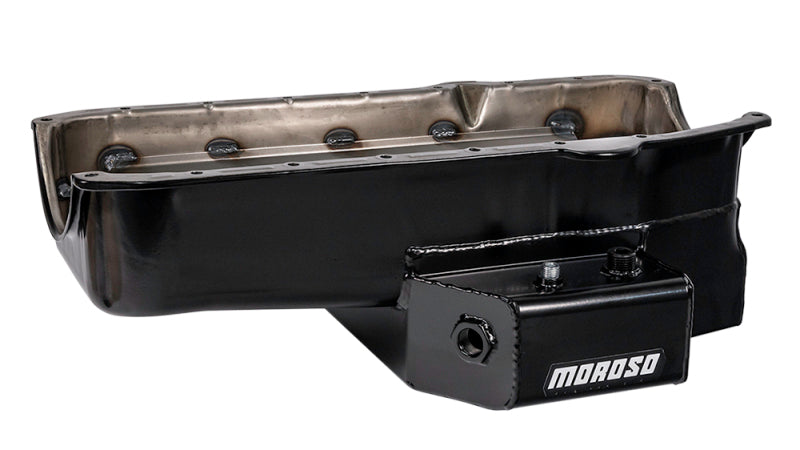 Moroso 80-85 Chevy SBC/Dart (w/2 Pc Seal/Low Clearance) Wet Sump 7qt 7in Steel Oil Pan - Black Oil Pans Moroso