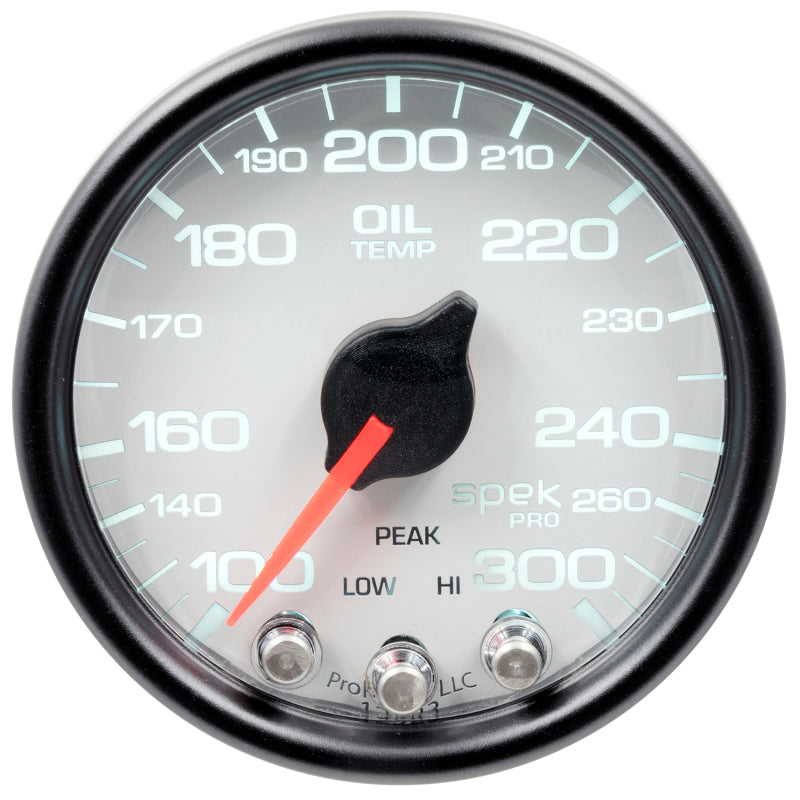 Autometer Spek-Pro Gauge Oil Temp 2 1/16in 300f Stepper Motor W/Peak & Warn Wht/Blk Gauges AutoMeter