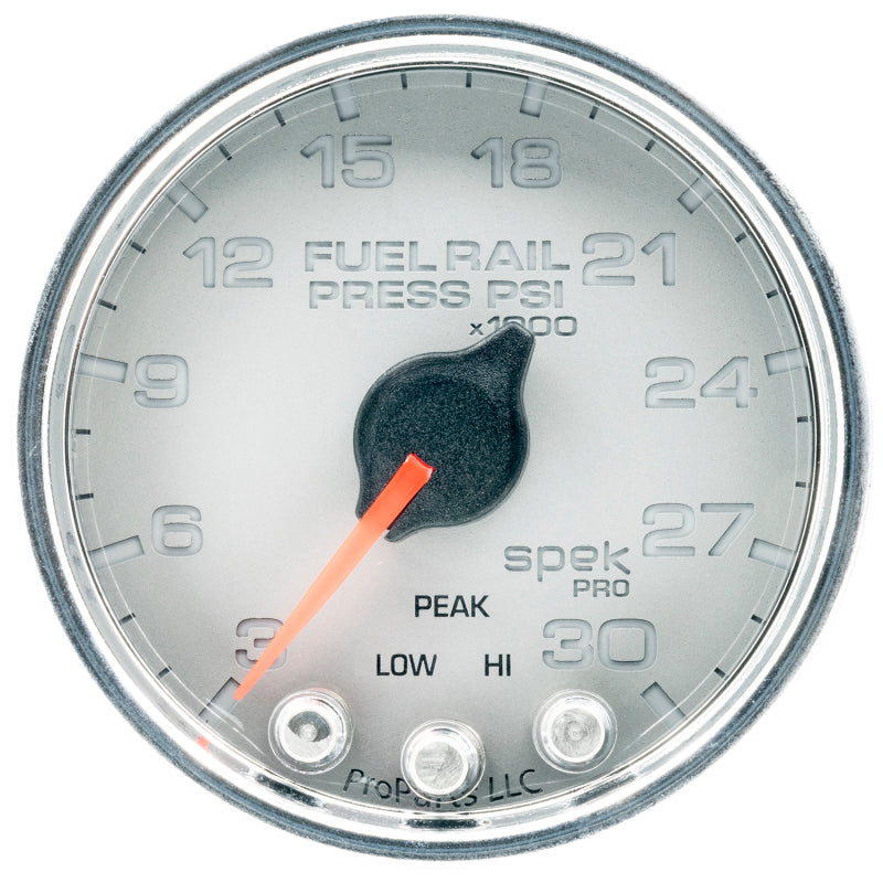 Autometer Spek-Pro Gauge Rail Press 2 1/16in 30Kpsi Stepper Motor W/Peak & Warn Slvr/Chrm Gauges AutoMeter
