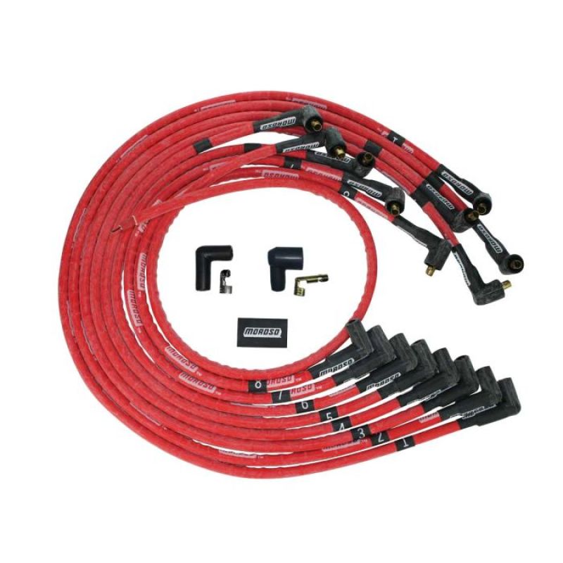 Moroso SBC Under Header 90 Deg Plug Non-HEI Sleeved Ultra Spark Plug Wire Set - Red Spark Plug Wire Sets Moroso