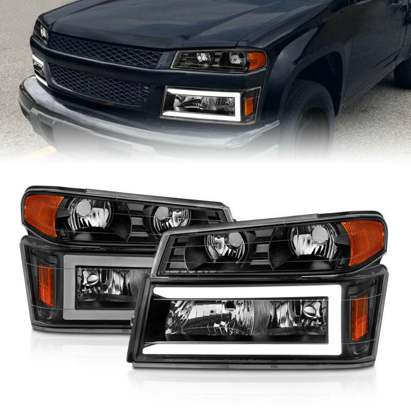 ANZO 04-12 GM Colorado/Canyon/I-Series Crystal Headlights - w/ Light Bar Black Housing 4pcs Headlights ANZO