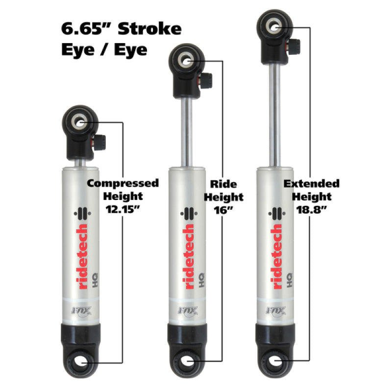Ridetech HQ Series Shock Absorber Single Adjustable 6.65in Stroke Eye/Eye Mounting 12.15in x 18.8in Shocks and Struts Ridetech