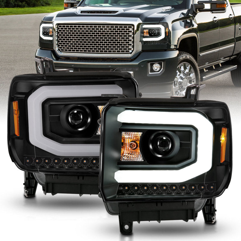 ANZO 2014-2015 GMC Sierra 1500 Projector Headlights w/ Light Bar Black Housing (Halogen Type) Headlights ANZO