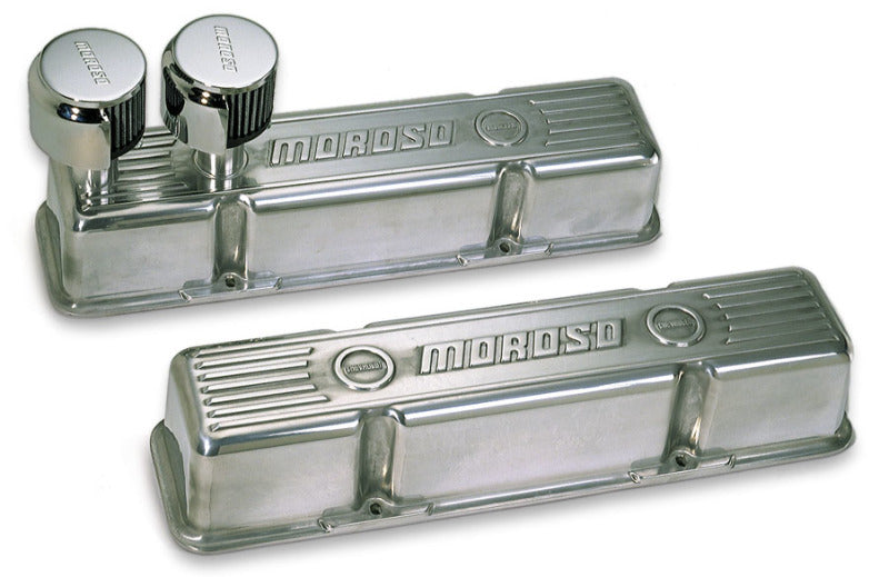 Moroso Chevrolet Small Block Valve Cover - 1 Cover w/2 Breathers at Front - Polished Aluminum - Pair Valve Covers Moroso
