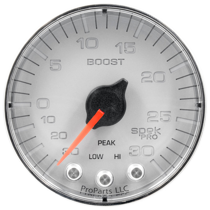 Autometer Spek-Pro Gauge Vac/Boost 2 1/16in 30Inhg-30psi Stepper Motor W/Peak & WarnSilver/Chrome Gauges AutoMeter