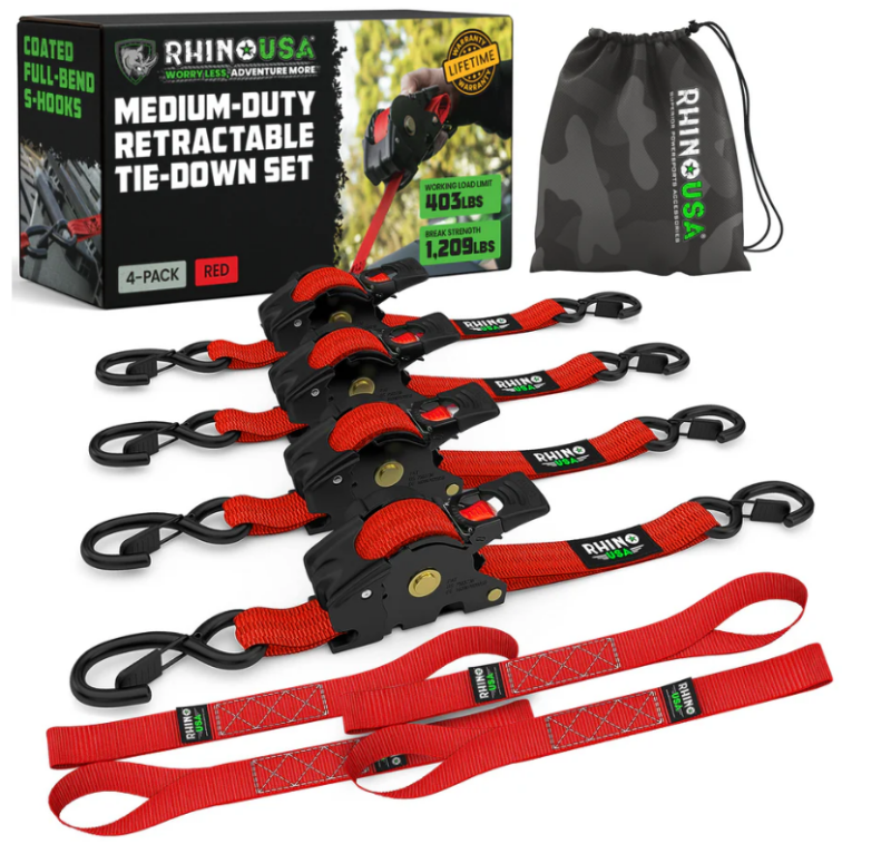 Rhino USA Retractable Ratchet Straps (4Pk 1Inx10Ft) (Red) Tow Straps Rhino USA