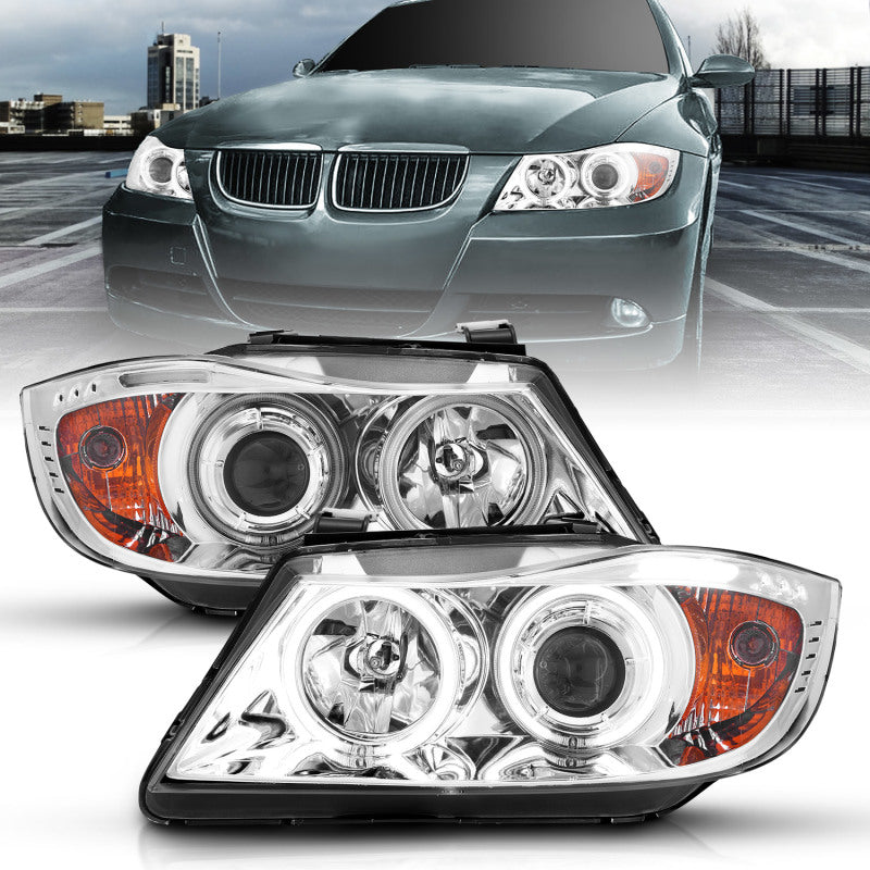 ANZO 2006-2008 BMW 3 Series E90-E91 Projector Headlights w/ Halo w/ LED Bar Chrome (CCFL) Headlights ANZO