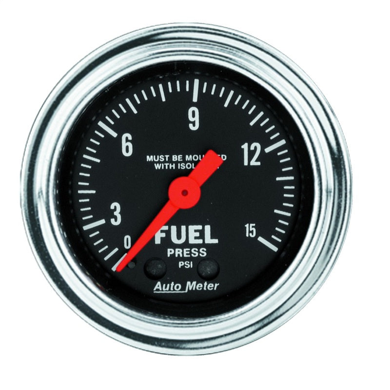 AutoMeter Gauge Fuel Pressure 2-1/16in. 15PSI Mech. W/Isolator Traditional Chrome Gauges AutoMeter