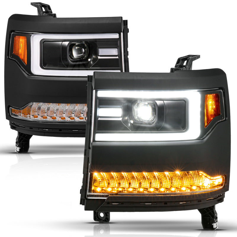 ANZO 16-18 Chevy Silverado1500 (Factory HID Models) LED Proj Light Bar Style Headlights Black - Pair Headlights ANZO