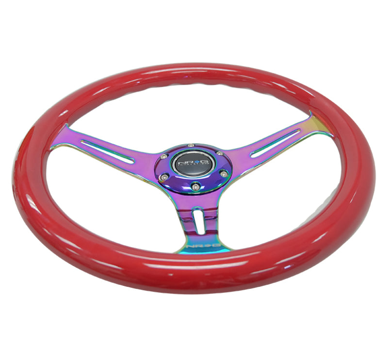 NRG Classic Wood Grain Steering Wheel (350mm) Red Grip w/Neochrome 3-Spoke Center Steering Wheels NRG