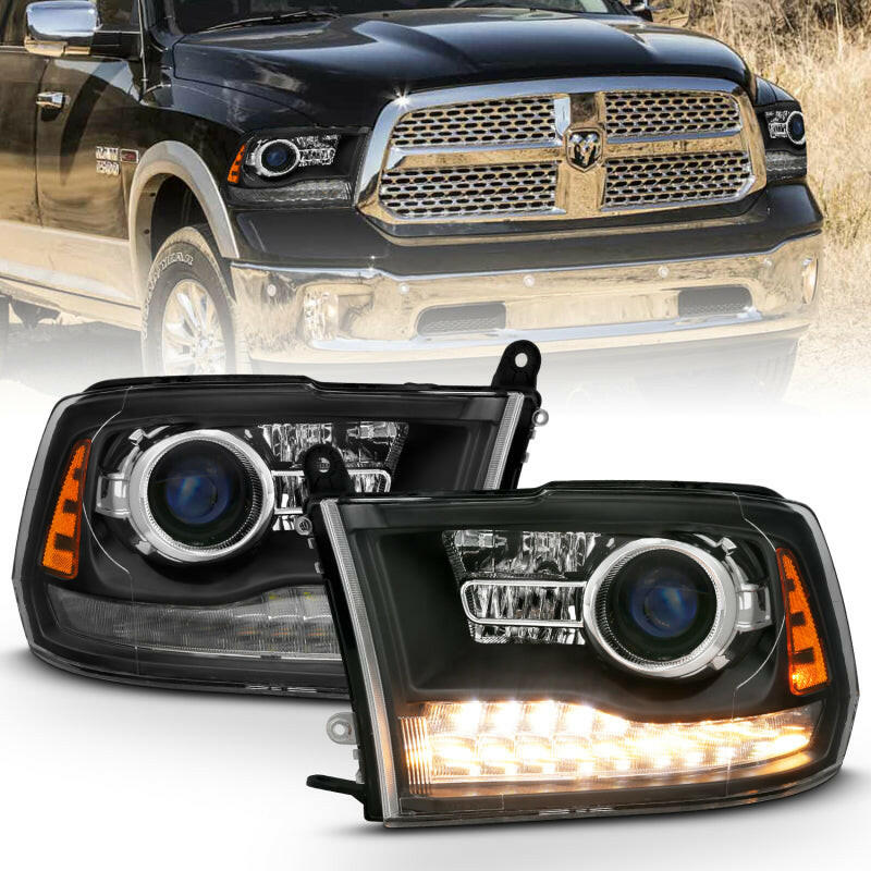 ANZO 2009-2018 Dodge Ram 1500 Projector Headlights Plank Style Halo w/Switchback Matte Black Headlights ANZO
