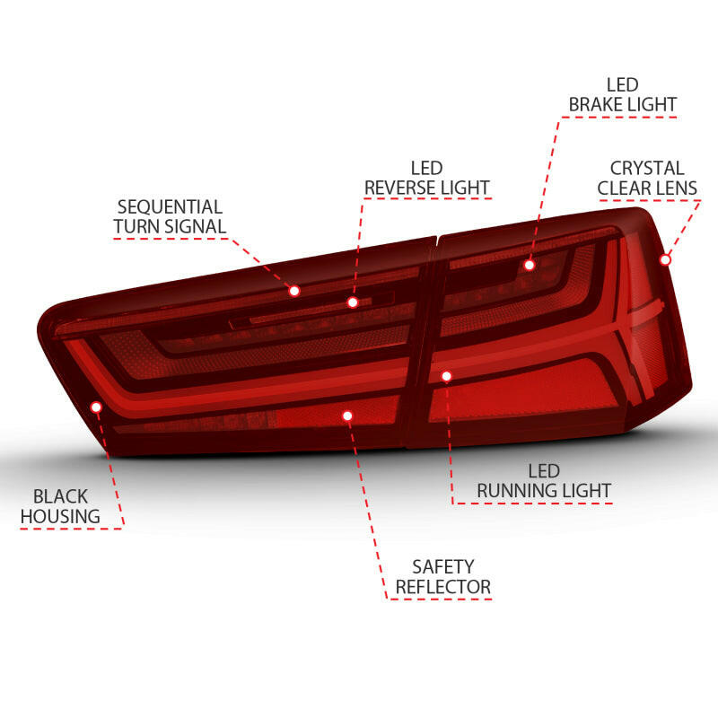 ANZO 2012-2018 Audi A6 LED Taillight Black Housing Red/Clear Lens 4 pcs (Sequential Signal) Tail Lights ANZO