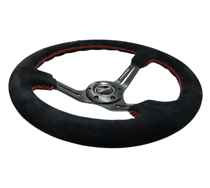 NRG Reinforced Steering Wheel (350mm / 3in. Deep) Blk Suede w/Red Stitching & 5mm Spokes w/Slits Steering Wheels NRG