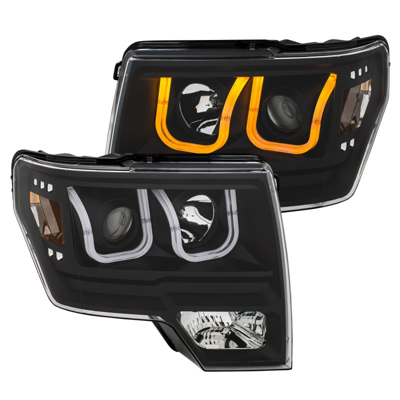 ANZO 2009-2014 Ford F-150 Projector Headlights w/ U-Bar Switchback Black w/ Amber Headlights ANZO