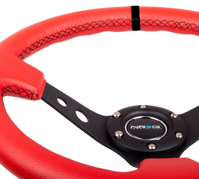 NRG Reinforced Steering Wheel (350mm / 3in. Deep) Red Suede w/Blk Circle Cutout Spokes Steering Wheels NRG