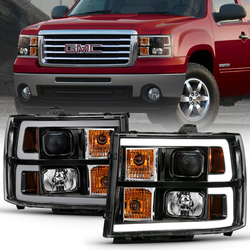 ANZO 2007-2013 GMC Sierra 1500 Projector Headlight Plank Style Black w/ Clear Lens Amber Headlights ANZO