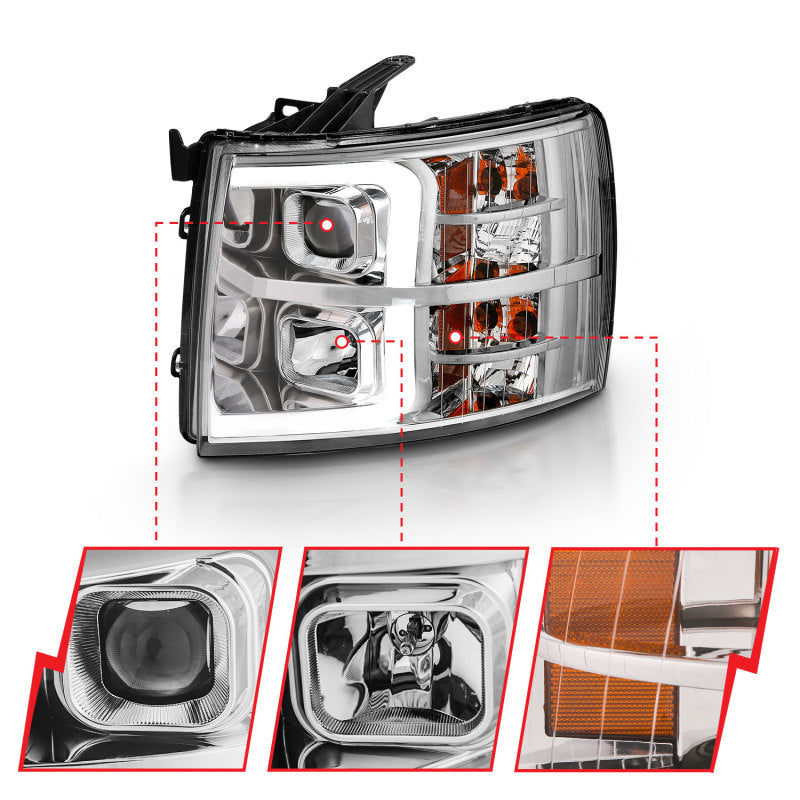 ANZO 2007-2013 Chevy Silverado 1500 Projector Plank Style Chrome Amber Headlights ANZO