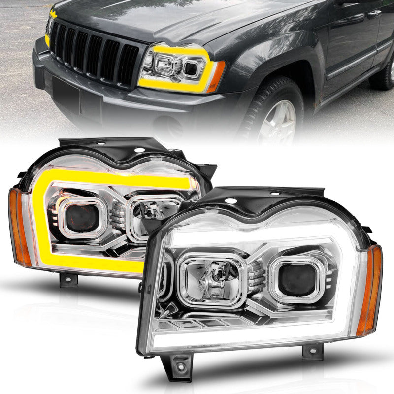 ANZO 05-07 Jeep Grand Cherokee Projector Headlights - w/ Light Bar Switchback Chrome Housing Headlights ANZO