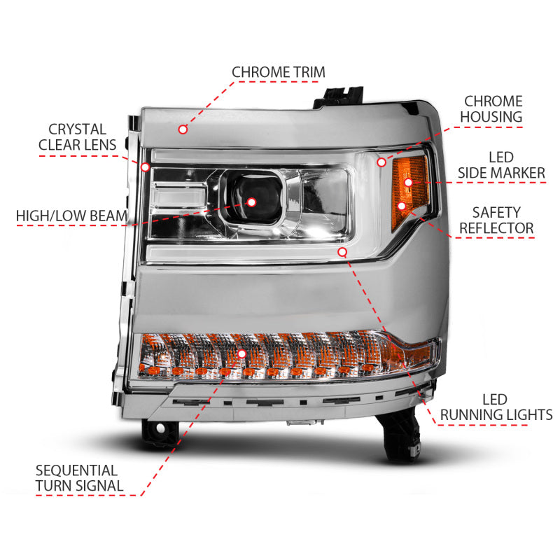 ANZO 16-18 Chevy Silverado1500 (Factory HID Models) LED Prj Light Bar Style Headlights Chrome - Pair Headlights ANZO