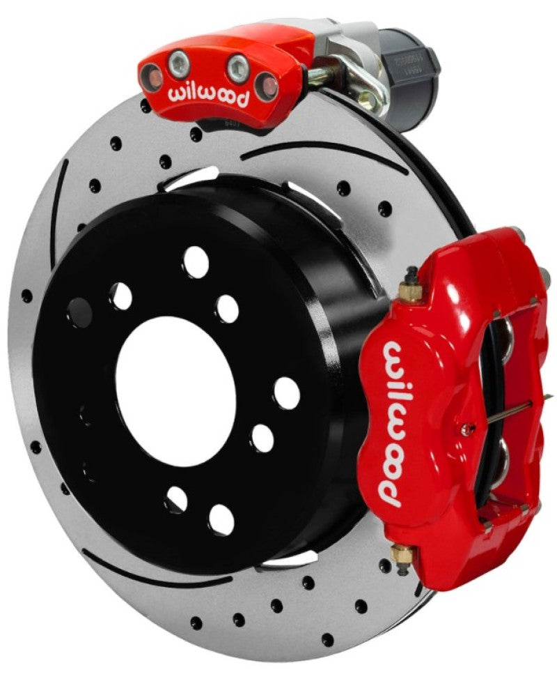 Wilwood Forged Dynalite Rear Electronic Parking Brake Kit - Red Powder Coat Caliper - D/S Rotor Brake Calipers - Perf Wilwood