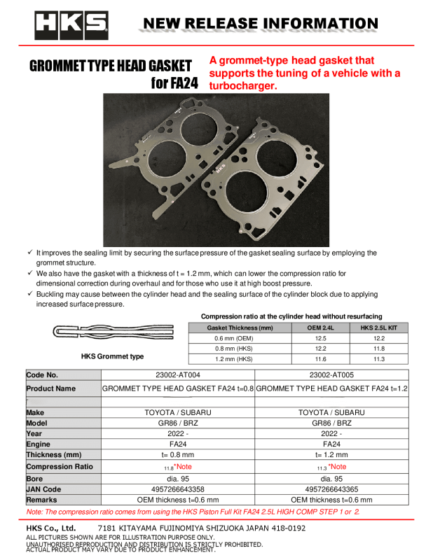 HKS Subaru FA24 0.8mm Thickness 11.8 CR Grommet Type Head Gasket Head Gaskets HKS