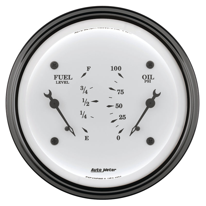 AutoMeter Gauge Dual Fuel & Oilp 3-3/8in. 0 Ohm(e) to 90 Ohm(f)& 100PSI Elec Old Tyme White Gauges AutoMeter