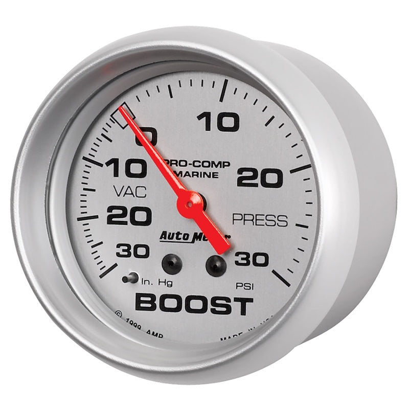 AutoMeter Marine Vac/Boost Gauge 2 5/8in 30INHG 30PSI Mechanical- Silver Gauges AutoMeter
