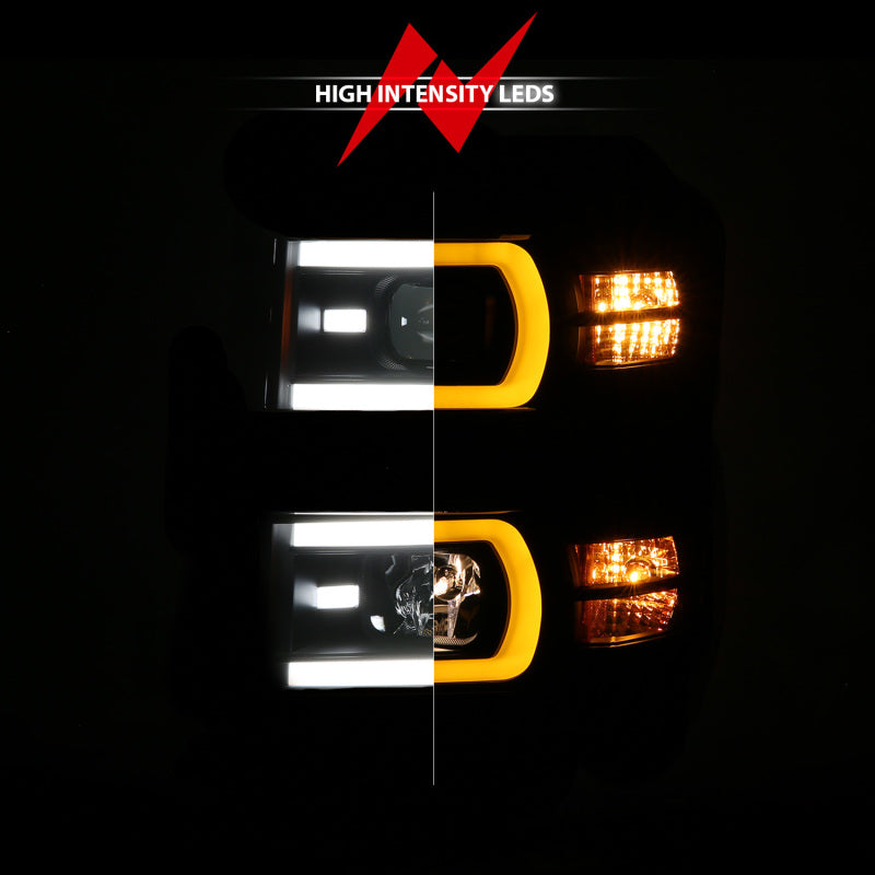 ANZO 14-15 Chevy Silverado 1500 Black Dual Switchback+Sequential LED Tube Sq. Projector Headlights Headlights ANZO
