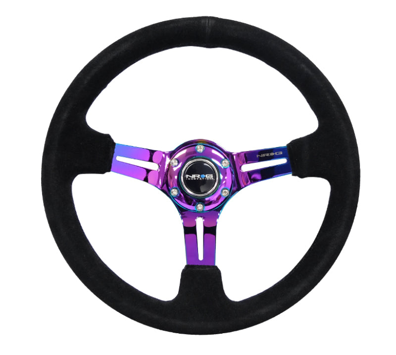 NRG Reinforced Steering Wheel (350mm / 3in. Deep) Blk Suede/Blk Stitch w/Neochrome Slits Steering Wheels NRG