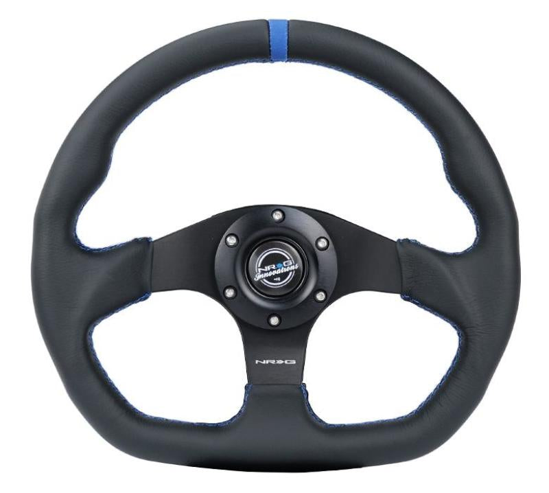 NRG Reinforced Steering Wheel (320mm) Sport Leather Flat Bottom w/ Blue Center/ Blue Stitching Steering Wheels NRG
