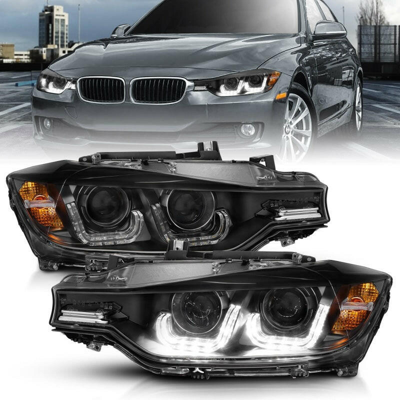 ANZO 2012-2015 BMW 3 Series Projector Headlights w/ U-Bar Black Headlights ANZO
