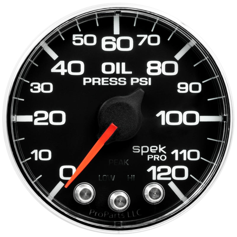 Autometer Spek-Pro Gauge Oil Press 2 1/16in 120psi Stepper Motor W/Peak & Warn Blk/Chrm Gauges AutoMeter