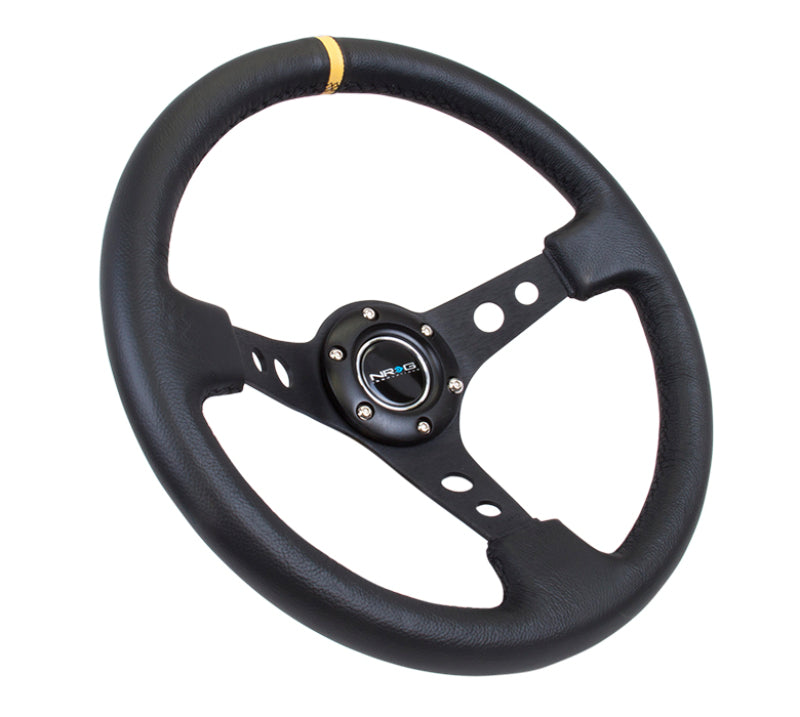 NRG Reinforced Steering Wheel (350mm / 3in. Deep) Blk Leather w/Blk Cutout Spoke/Yellow Center Mark Steering Wheels NRG