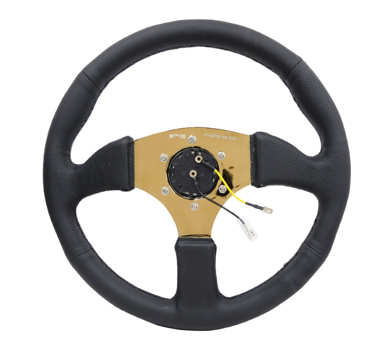 NRG Reinforced Steering Wheel (350mm / 2.5in. Deep) Leather Race Comfort Grip w/4mm Gold Spokes Steering Wheels NRG