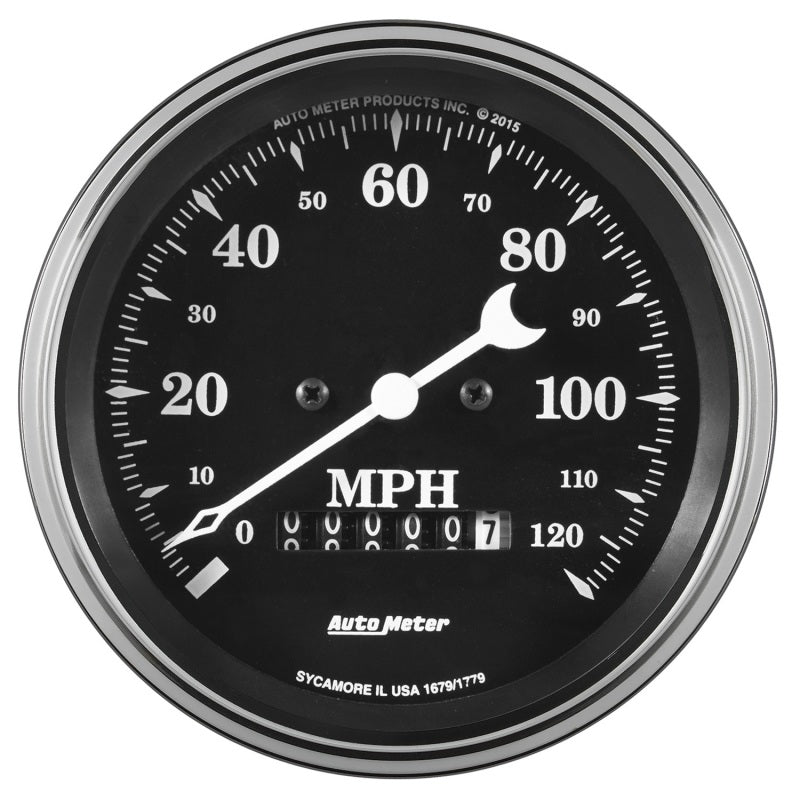 Auto Meter Gauge Speedo. 3 3/8in 120mph Elec. Prog. w/ Wheel Odo Old Tyme Black Gauges AutoMeter