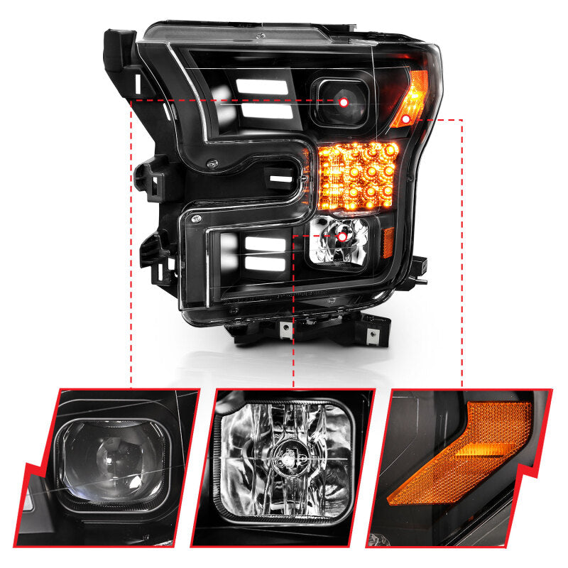 ANZO 15-17 Ford F-150 Project Headlights w/ Plank Style Design Black w/ Amber Sequential Turn Signal Headlights ANZO