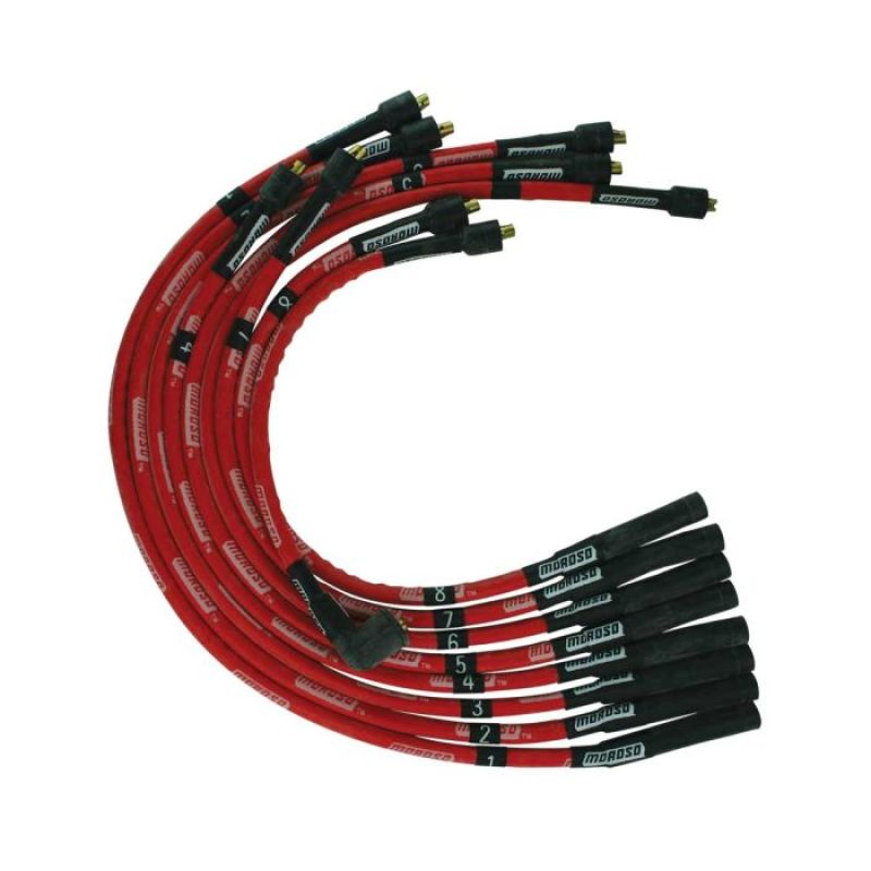 Moroso SB Chrysler Mopar 273/318/340/360 Str Plug & Dist Sleeved Ultra Spark Plug Wire Set - Red Spark Plug Wire Sets Moroso