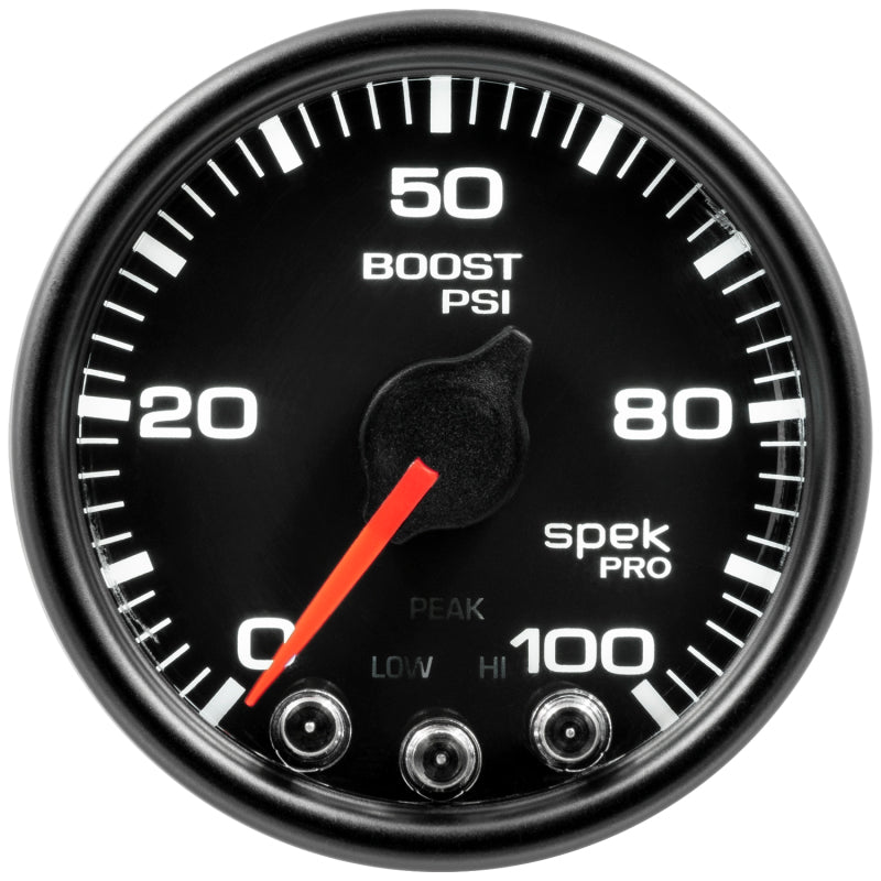 Autometer Spek-Pro Gauge Boost 2 1/16in 100psi Stepper Motor W/Peak & Warn Blk/Blk Gauges AutoMeter