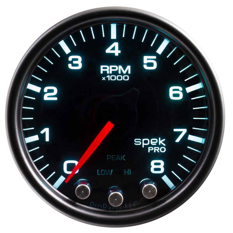 Autometer Spek-Pro Gauge Tach 2 1/16in 8K Rpm W/ Shift Light & Peak Mem Blk/Smoke/Blk Gauges AutoMeter
